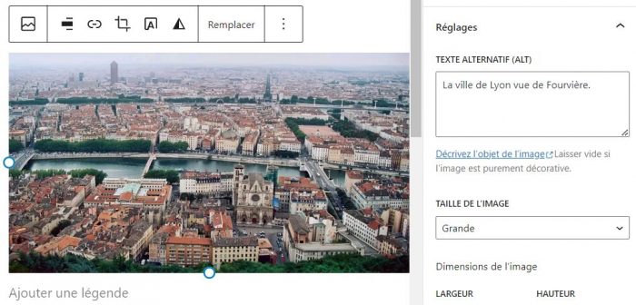 L'interface WordPress permettant d'enregistrer une balise alt pour une photo de Lyon.
