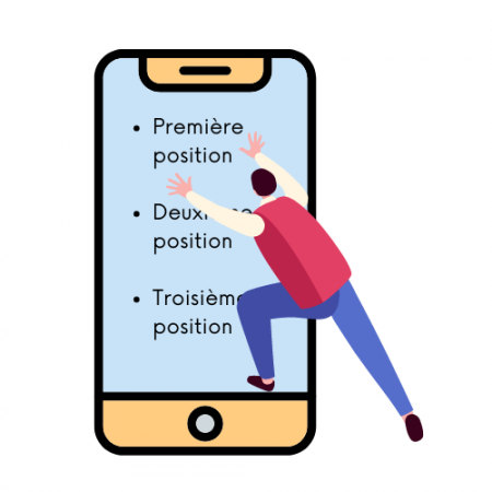 Image humoristique d'un homme qui saute sur un téléphone portable pour maintenir la première position dans les résultats de recherche de Google.