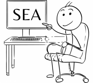 Un bonhomme dessiné montre un écran où est écrit « SEA ».