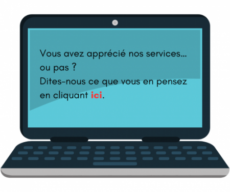 Texte invitant un client à donner son avis, sur un écran d'ordinateur.
