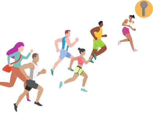 Des personnages en tenue sportive courent vers une clé : c'est la concurrence pour les mots-clés.