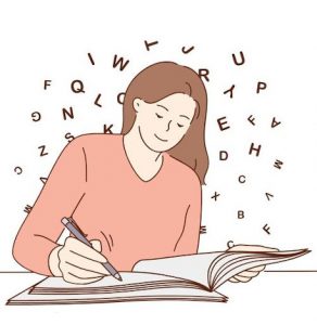 Une femme écrit au crayon sur un cahier, elle est entourée de lettres de l'alphabet.