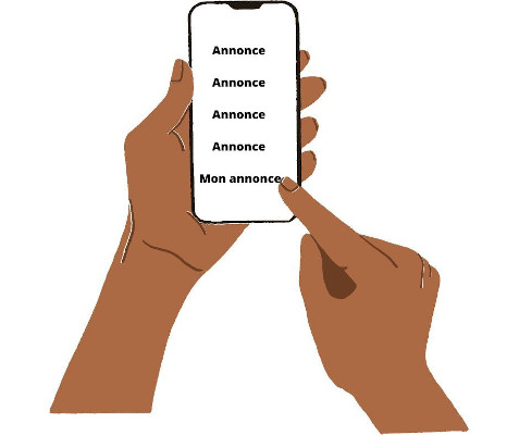 Une main tient un téléphone, et l'autre clique sur mon annonce.