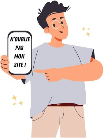 Un homme souriant montre une tablette sur laquelle il est écrit : « N'oublie pas mon site ! »