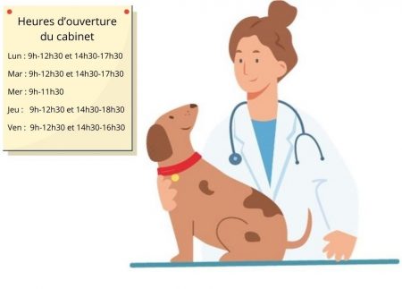 Un cabinet vétérinaire avec les heures d'ouverture affichées