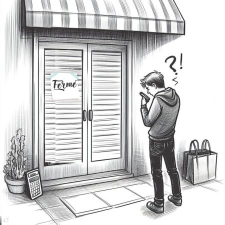 Un jeune homme contrarié devant un magasin fermé vérifie les horaires d'ouverture sur son smartphone