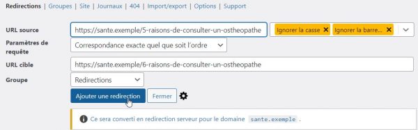 Capture d'écran de l'extension Redirection sur WordPress