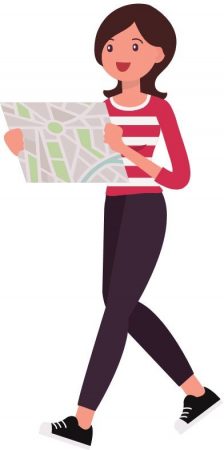 Une femme suit son chemin grâce à une carte qui symbolise la redirection web