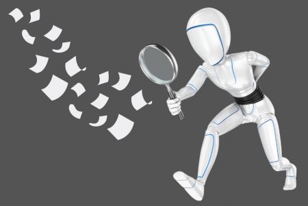 Un robot regarde à la loupe un grand nombre de pages qui s'envolent