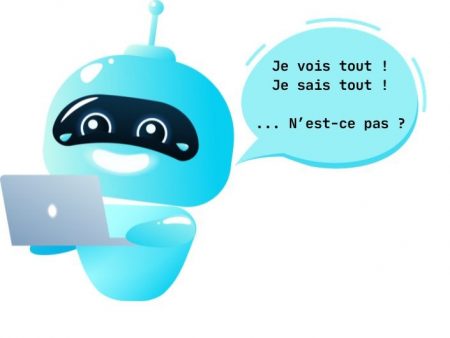 L'IA est-elle fiable ? IA sous la forme d'un robot bleu qui regarde un ordinateur, et dit : « Je vois tout ! Je sais tout ! ... N'est-ce pas ? »